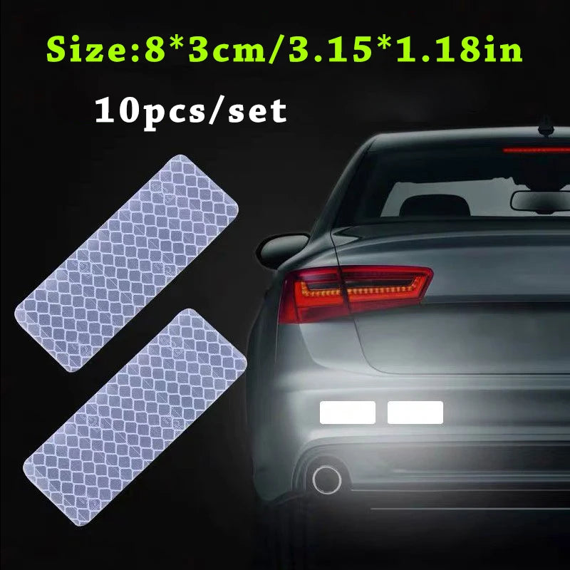Ten reflective car safety strips for night and low-light visibility shown next to a car's taillight.
