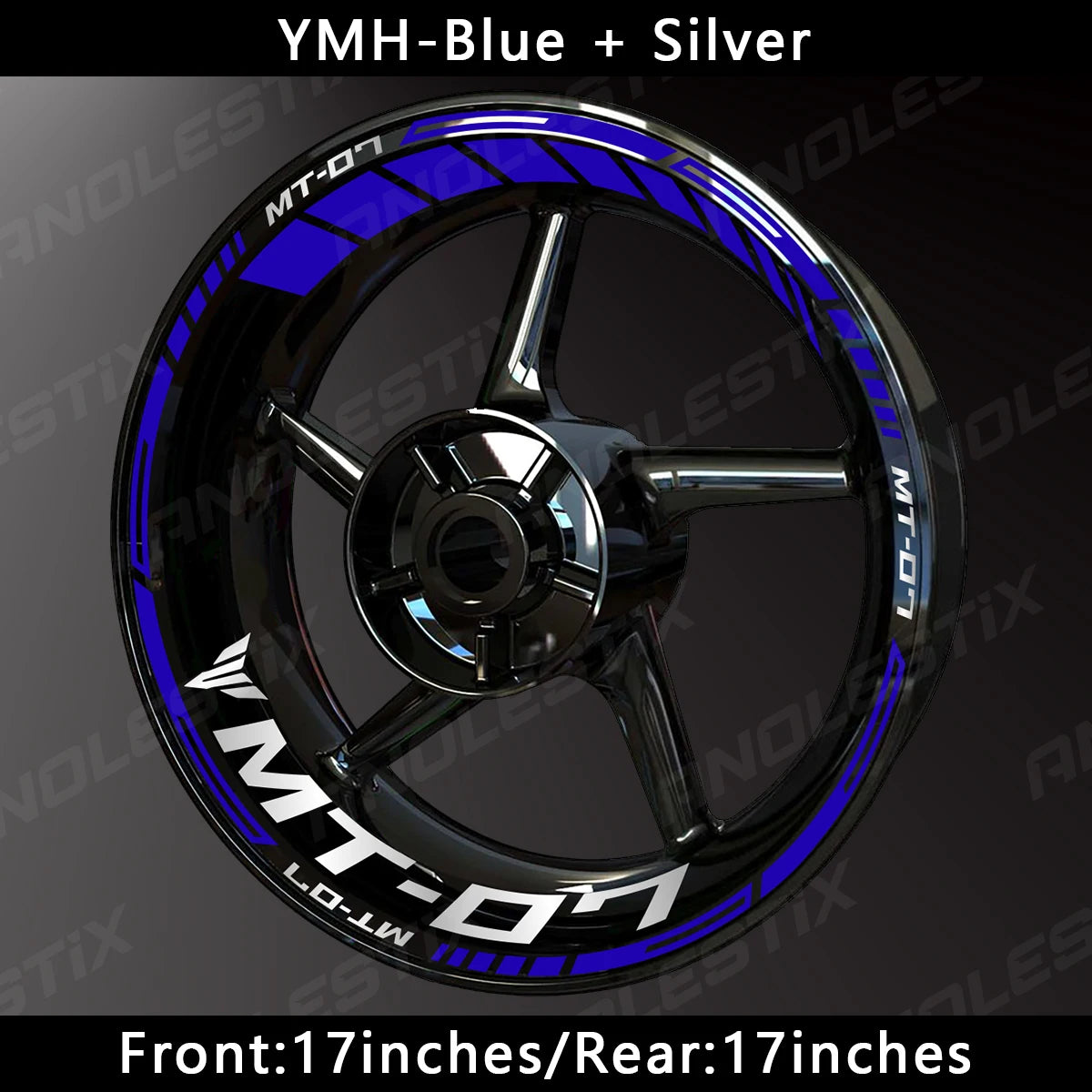 Yamaha MT-07 wheel with blue and silver decals and custom rim stripe kit