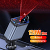 A close-up of a silver retractable car charger with multiple ports and a red light beam, highlighting its 120W max fast charg