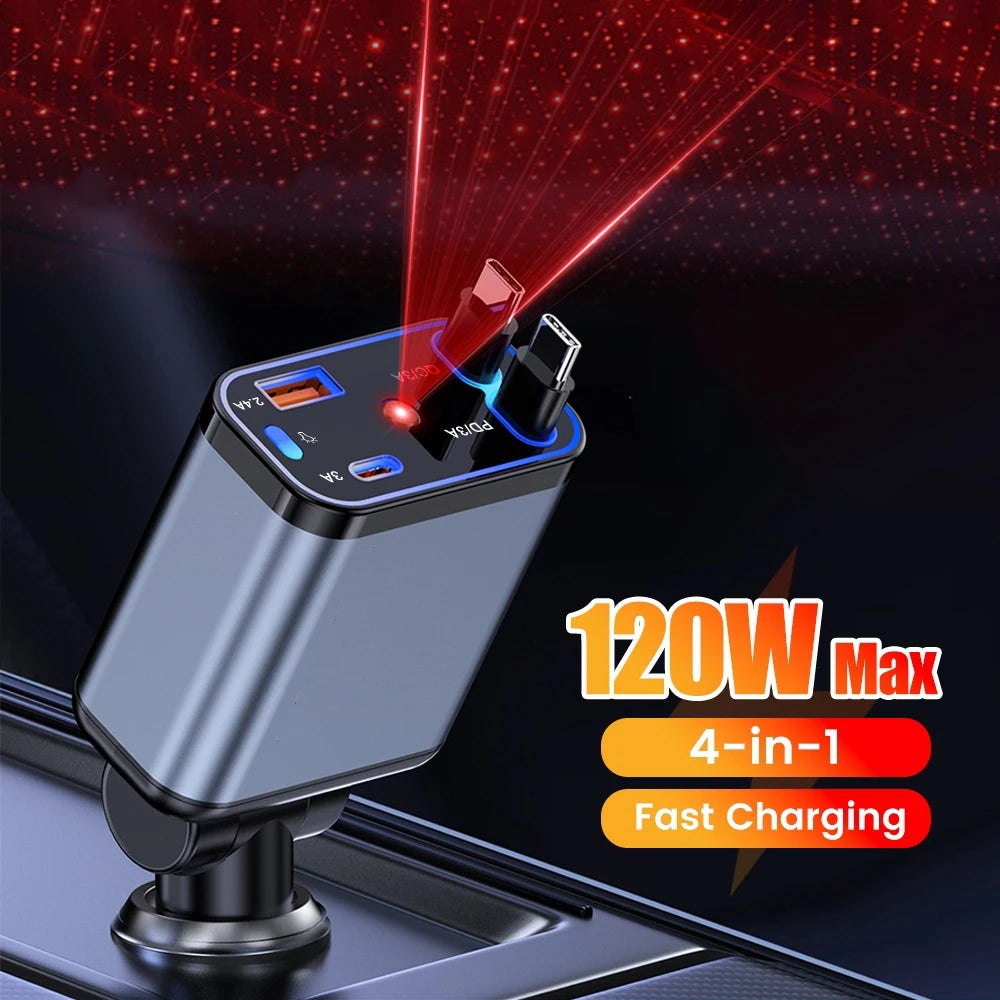 A close-up of a silver retractable car charger with multiple ports and a red light beam, highlighting its 120W max fast charg
