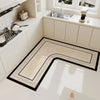 An L-shaped crystal velvet kitchen mat with a non-slip backing placed on a white countertop.