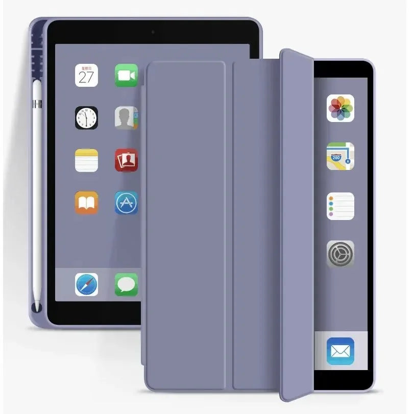 A purple magnetic tri-folding smart case for an 11-inch iPad showing various app icons.