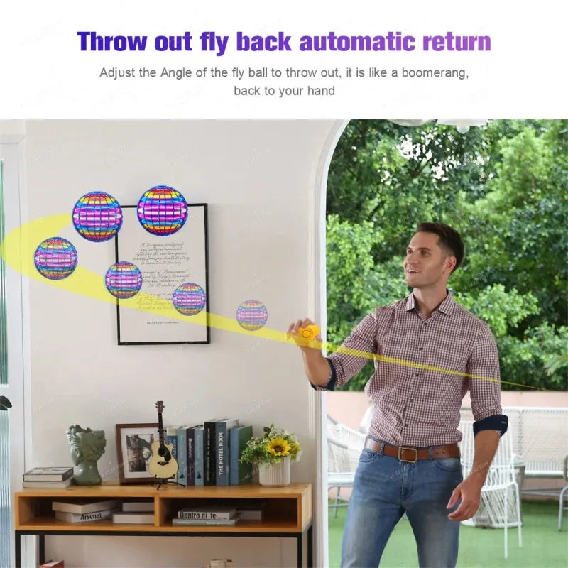A man demonstrates the automatic return feature of a magic flying ball product.