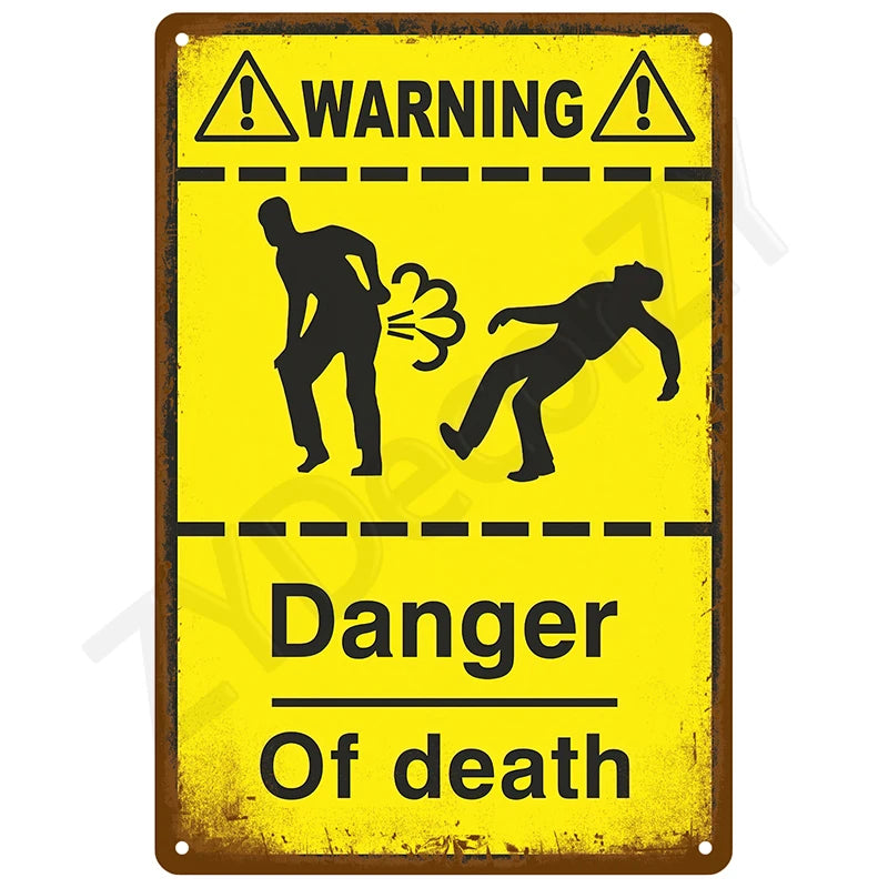 A vintage metal tin sign with a yellow background and black warning symbols indicating danger of death.