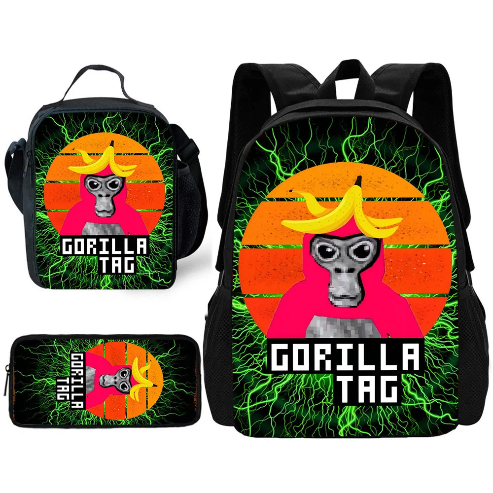 Cartoon Gorilla Kids School Backpack Set with Lunch Bag and Pencil Case