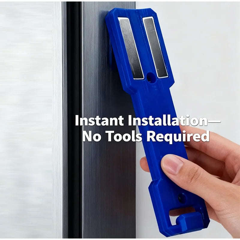 A hand holds a blue magnetic wall-mounted spray can organizer designed for instant installation without tools.