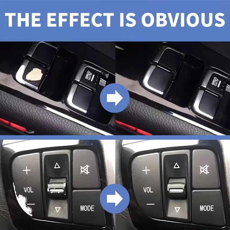 Close-up comparison showing the effect of a precision car paint touch-up pen on a surface.