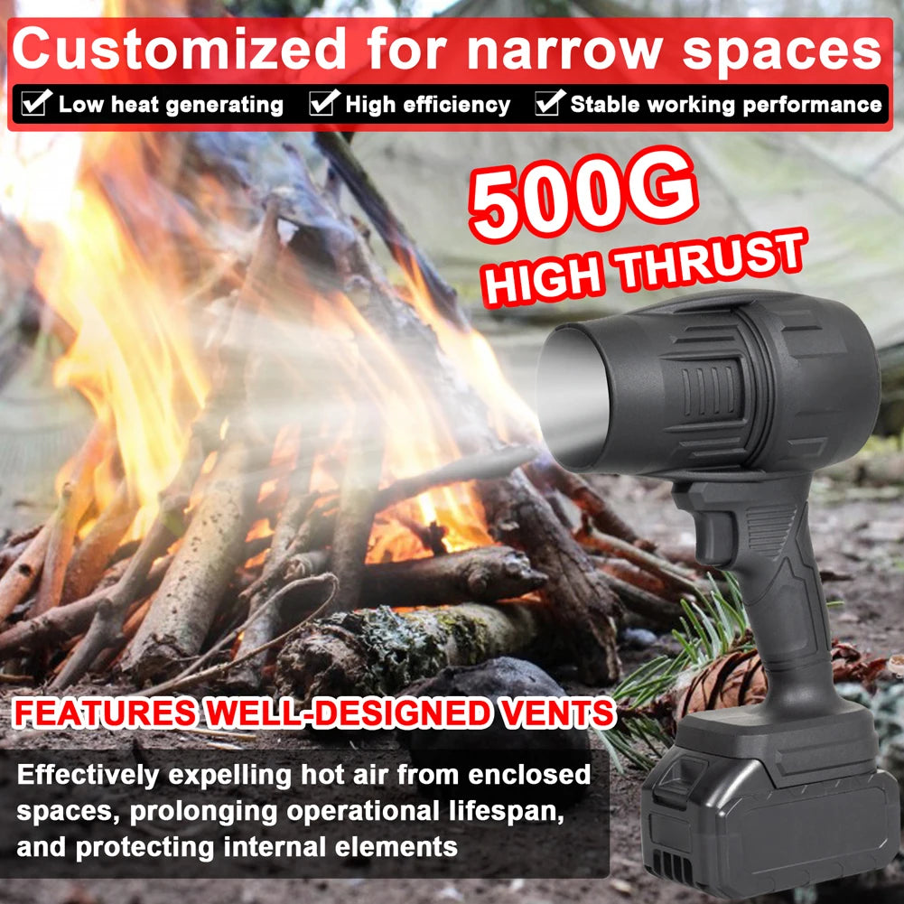 A black handheld jet fan is shown in a close-up against a background of a large, roaring campfire.