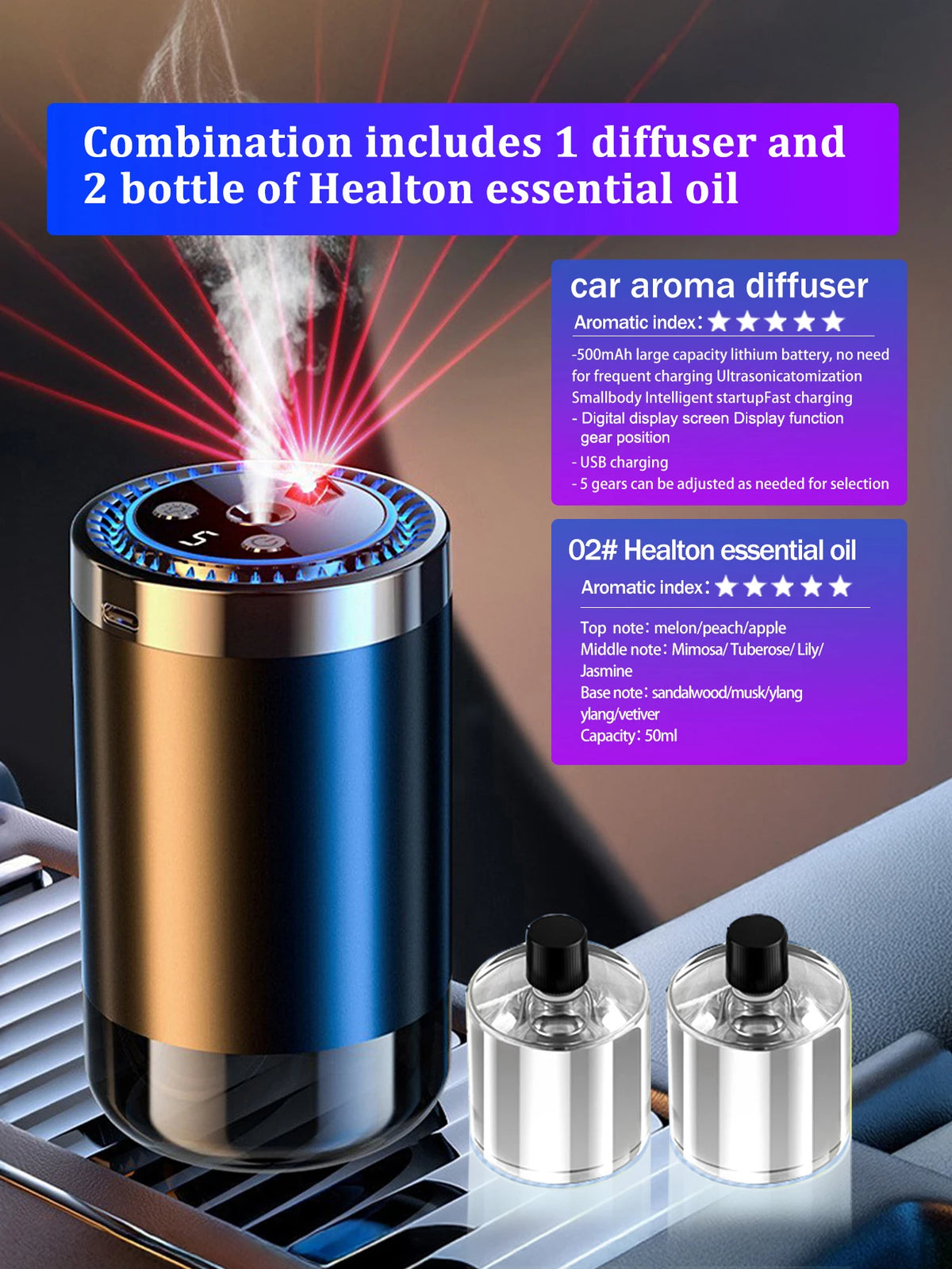 Diffuseur d'arômes USB portable avec LED et deux flacons d'huile essentielle sur une surface sombre.