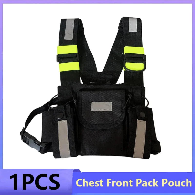 Black chest front pack pouch with yellow accents and straps for hands-free radio use