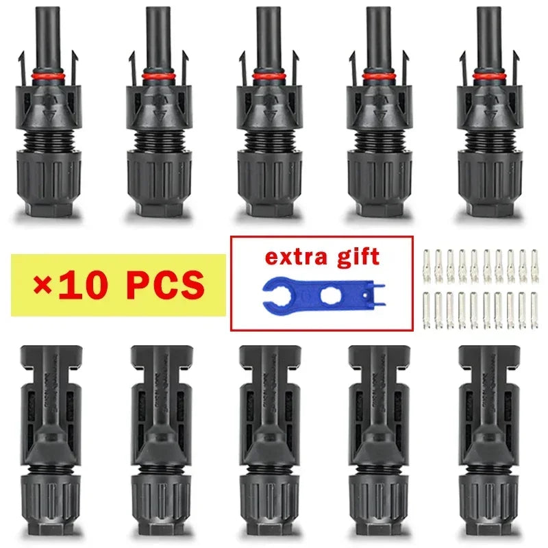 Set of ten black solar panel connectors for PV cable installation