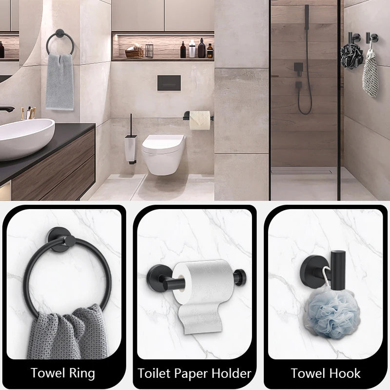 Matte black bathroom hardware set including a towel ring, toilet paper holder, and towel hook