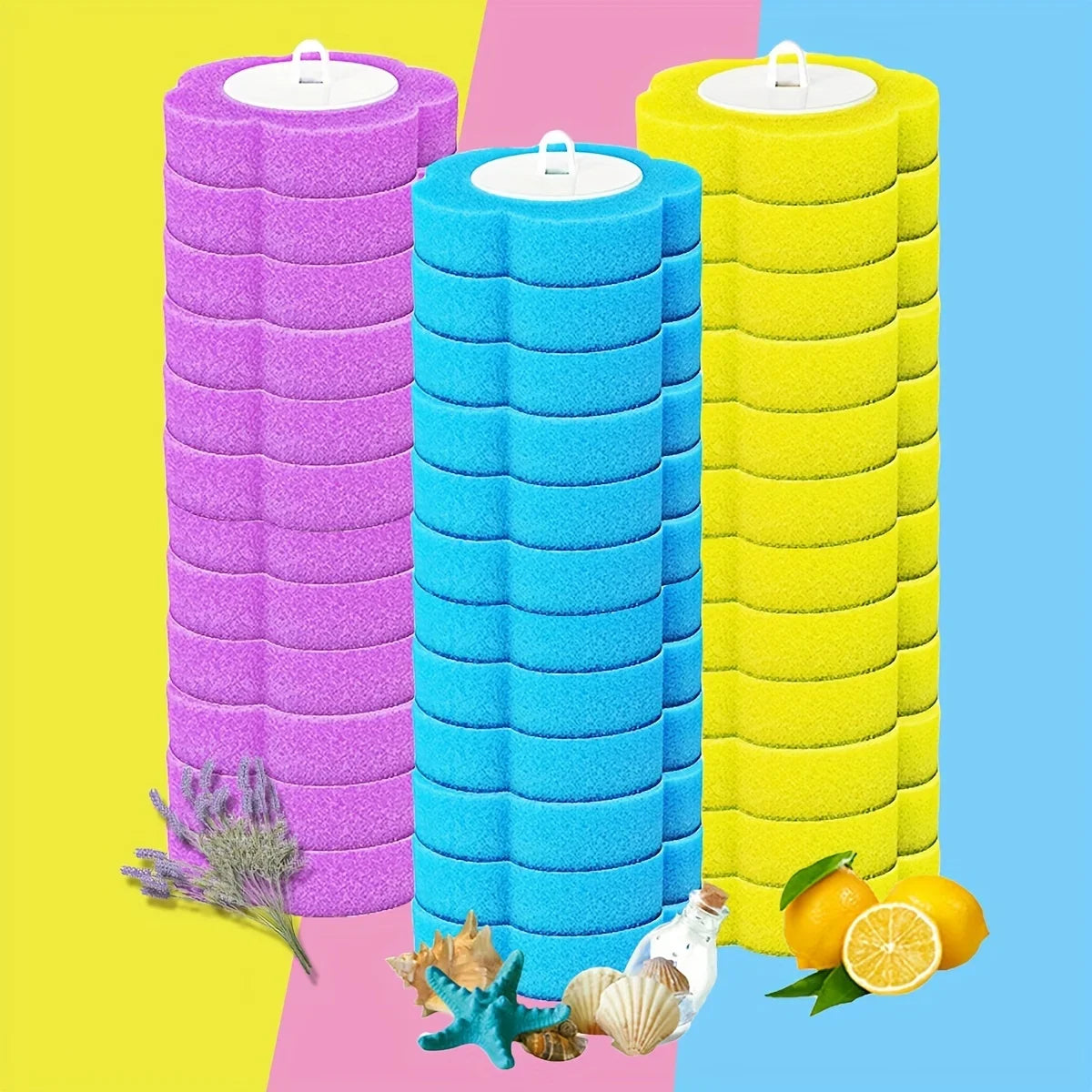 A set of purple and blue disposable toilet brushes with replaceable heads displayed against a colorful background.