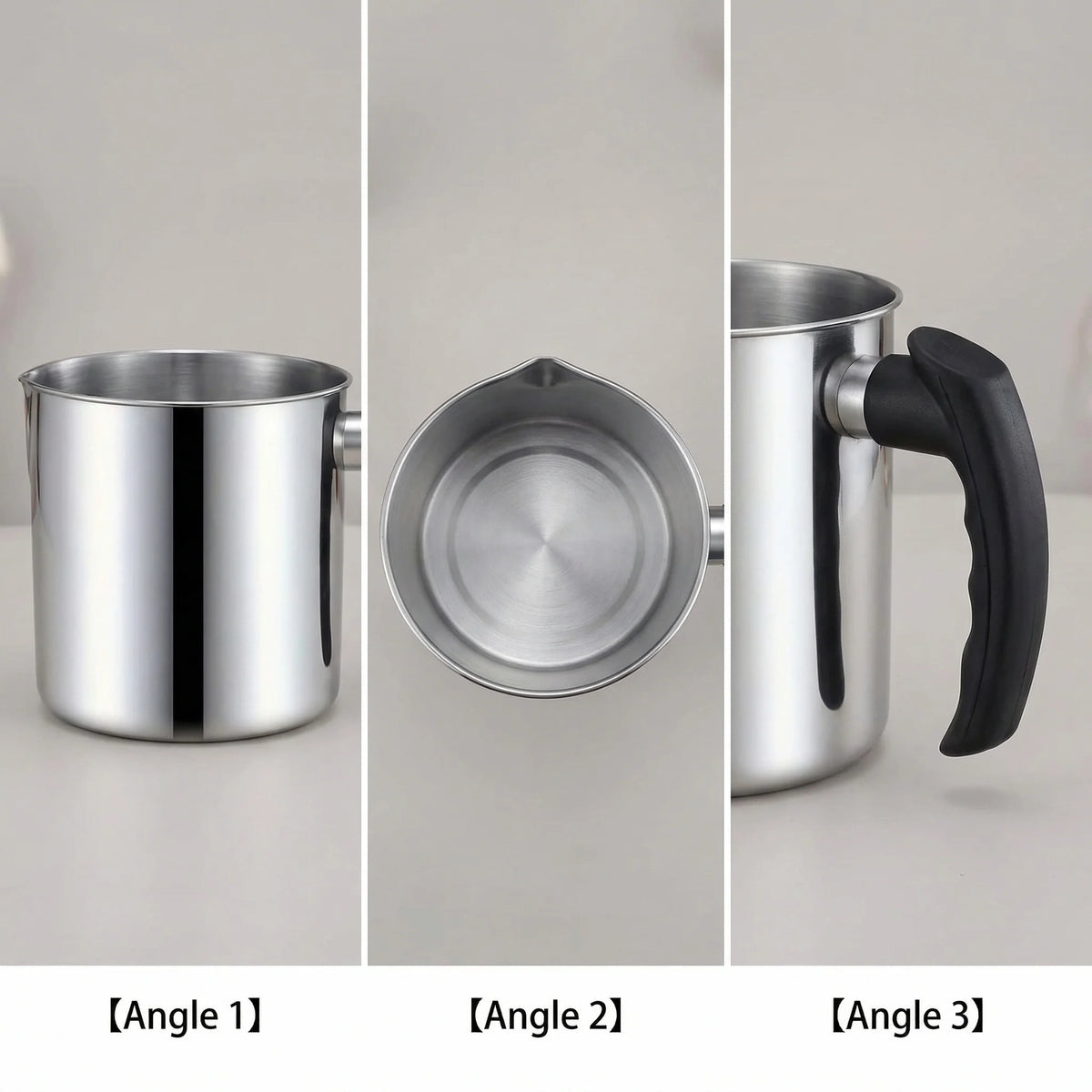Three angles showing a stainless steel wax melting pitcher with a heat-resistant handle