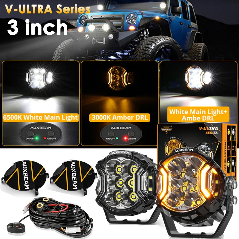 V-ULTRA Series 3 inch LED driving lights with amber DRL and side shooter lights