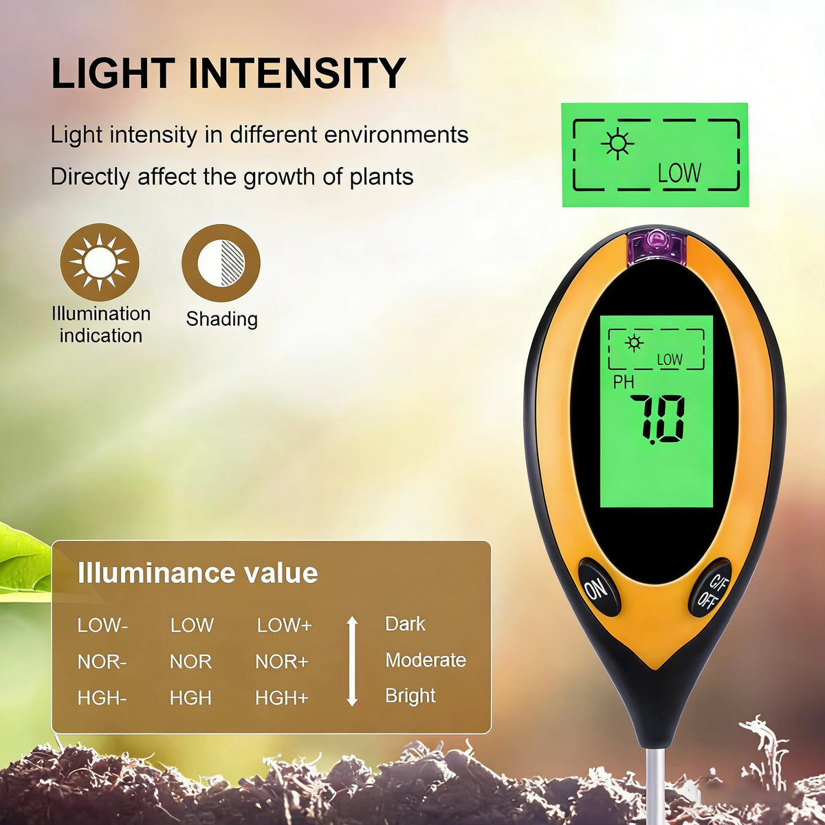 A handheld light intensity meter with a digital display showing PH 7.0, used to measure plant growth conditions.