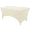 A white stretchable spandex tablecloth covering a rectangular table.