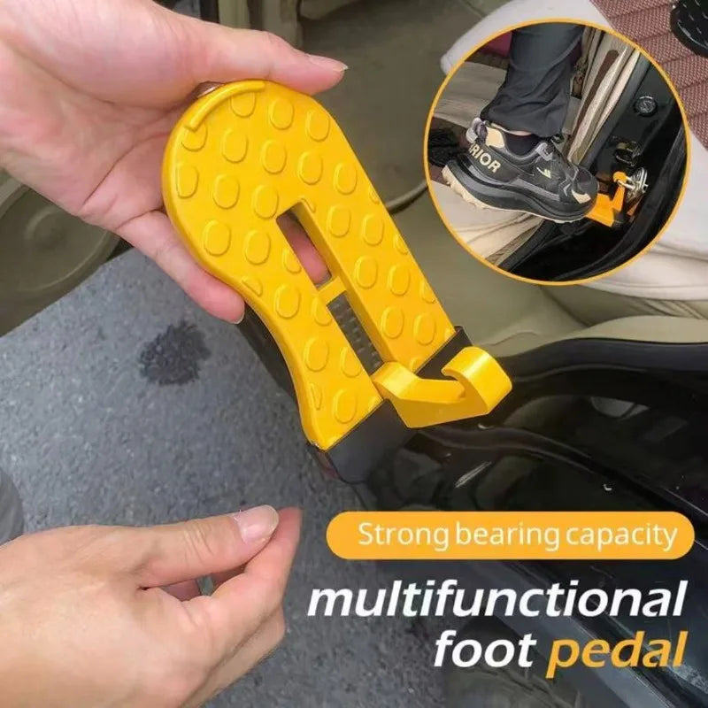 A hand holds a yellow multifunctional foot pedal designed for car step hook access.