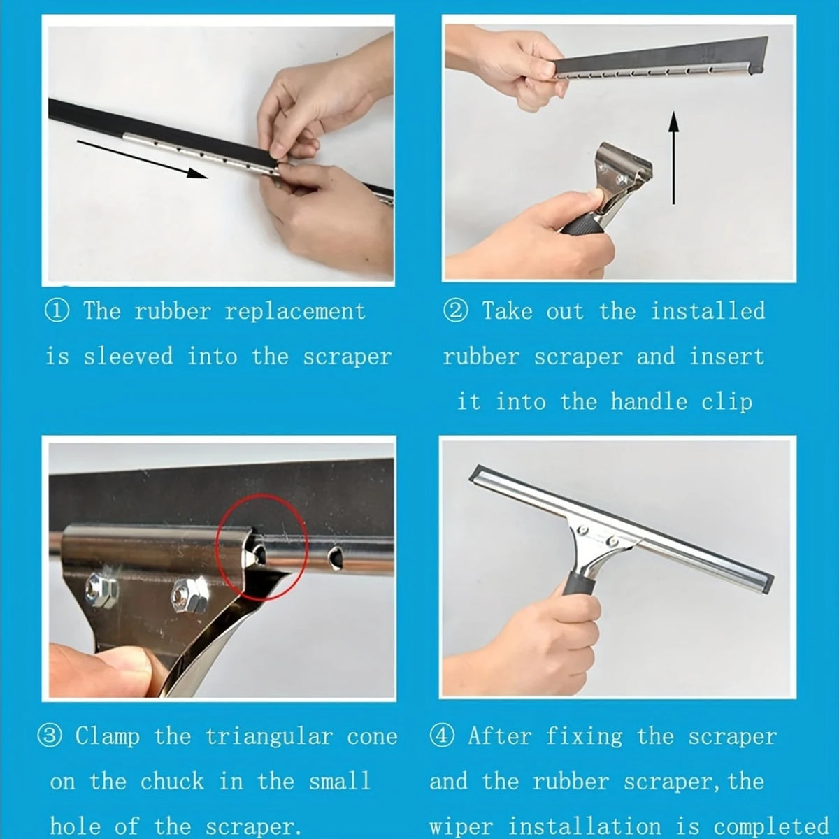 Instructions showing how to replace rubber blades on a scraper and complete the wiper installation.