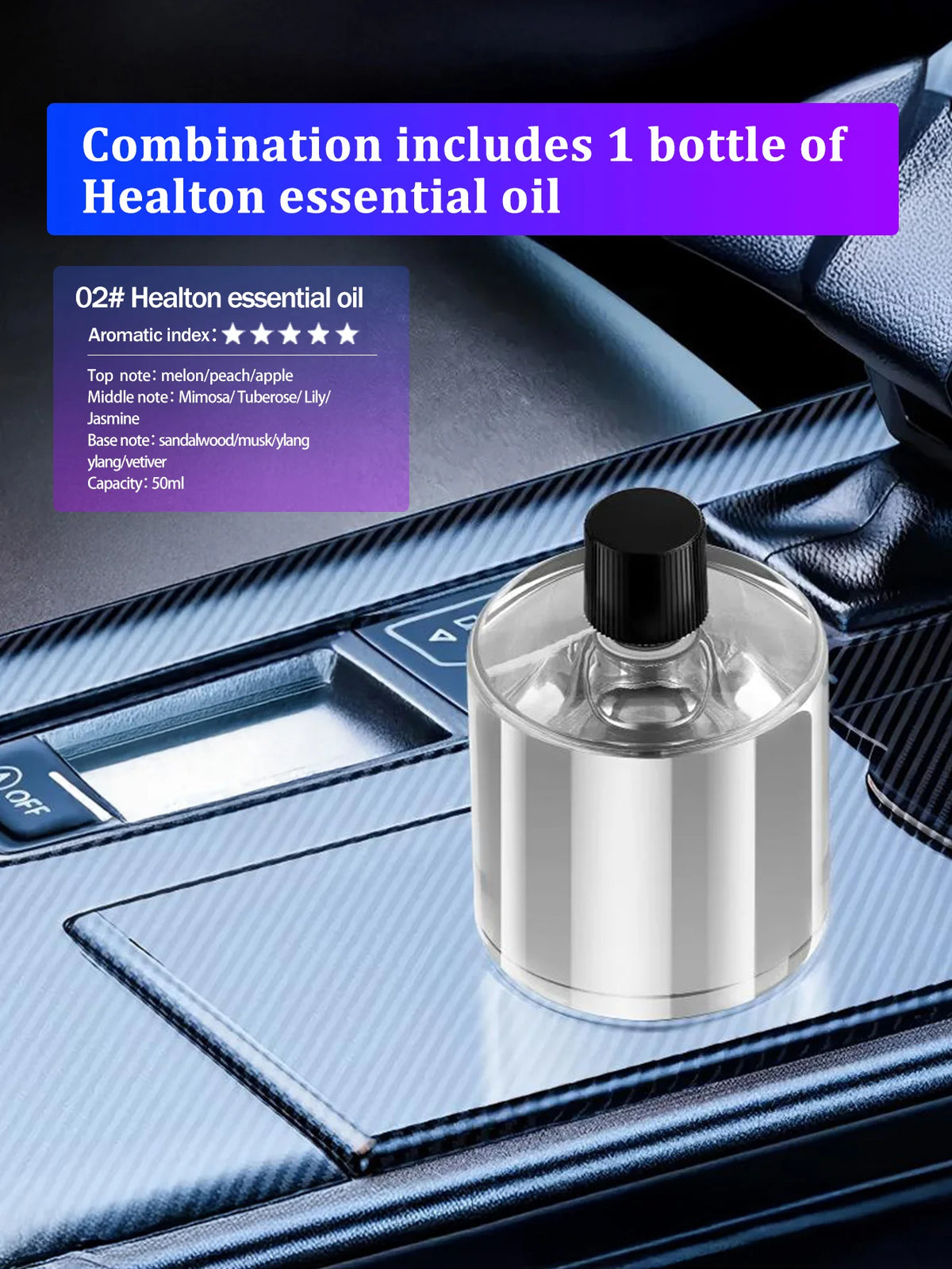 Une bouteille de huile essentielle Healton en verre posée sur une surface intérieure de voiture bleue.