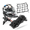 A black motorcycle bungee cargo net with scratch-free hooks and a helmet displayed on a white background.