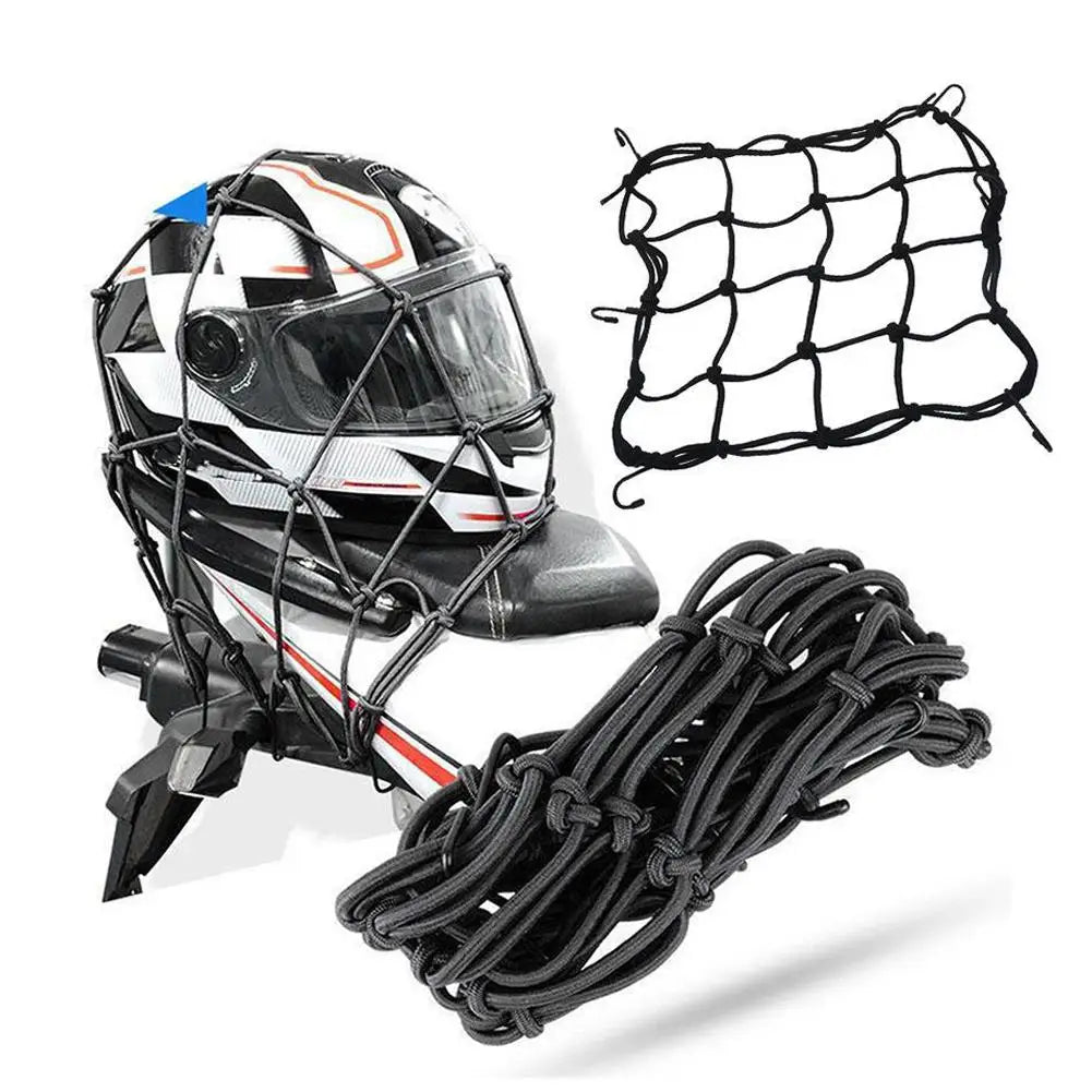 A black motorcycle bungee cargo net with scratch-free hooks and a helmet displayed on a white background.