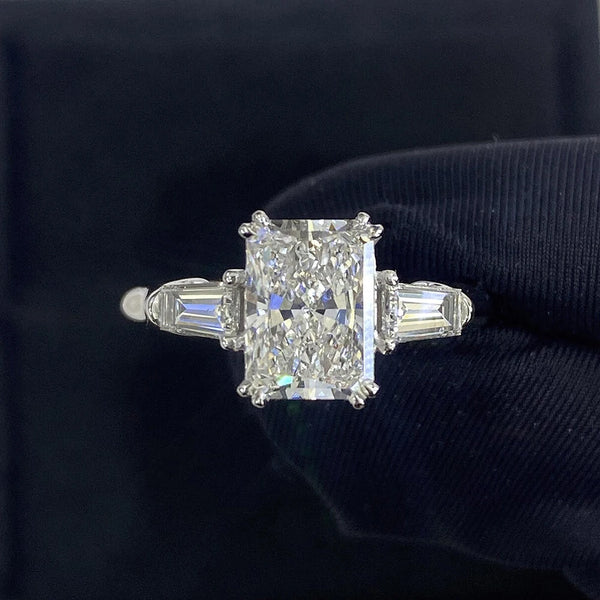Radiant Cut Moissanite Engagement Ring with Baguette Side Stones
