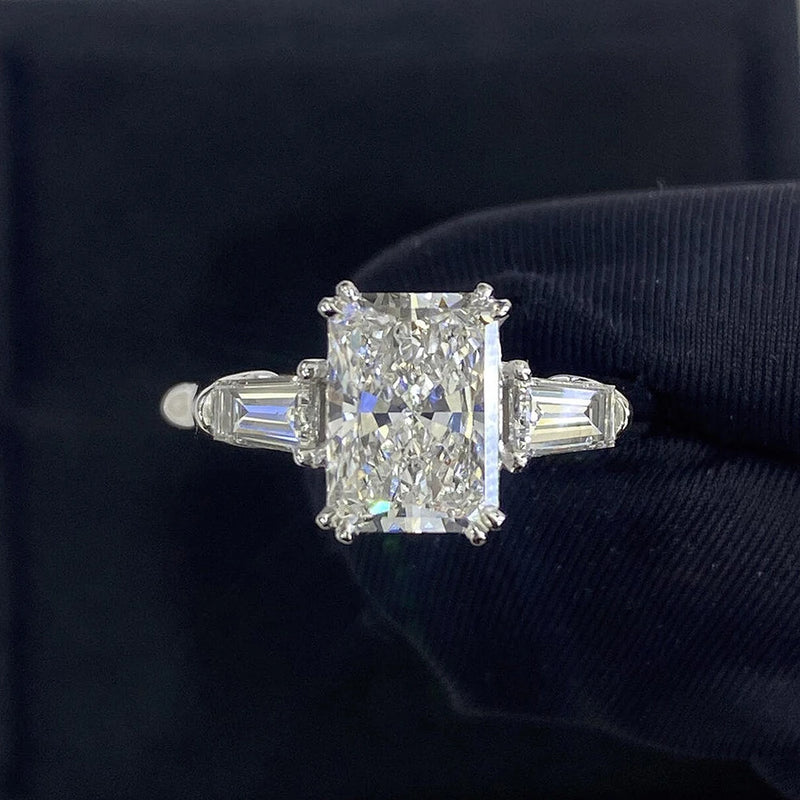 Radiant Cut Moissanite Engagement Ring with Baguette Side Stones