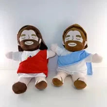 A plush toy of Jesus with a beard and flowing hair, featuring breathing motion.
