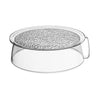 Clear microwave splatter cover with a mesh insert and a heat-resistant handle.