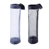 A pair of wall-mounted mesh bag dispensers, one clear and one black, for holding trash bags.