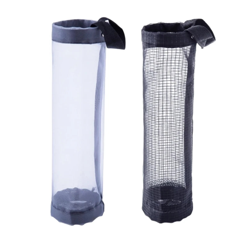 A pair of wall-mounted mesh bag dispensers, one clear and one black, for holding trash bags.