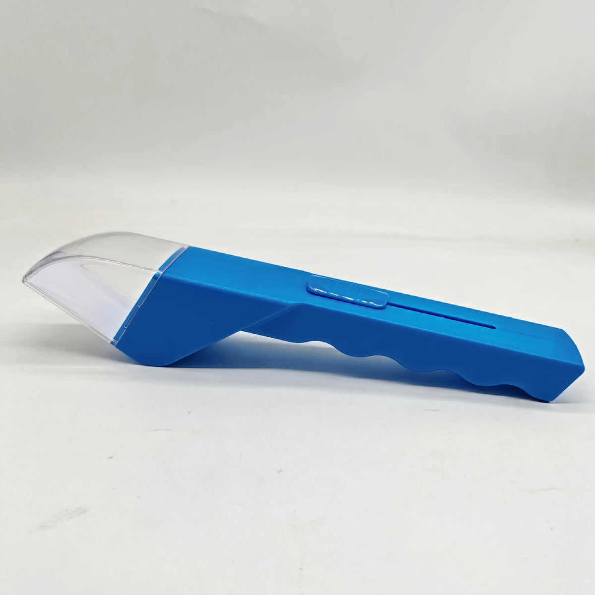 A blue handheld insect catcher with a clear plastic collection area and a textured grip.