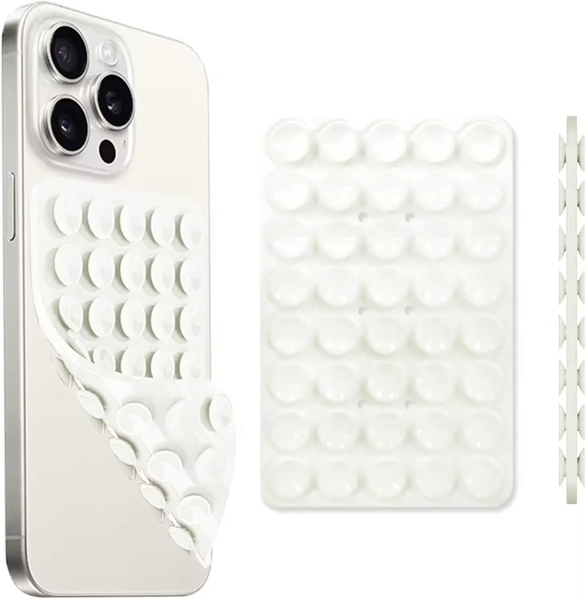 A white phone case with a built-in suction cup mount and a separate silicone suction cup grid for hands-free use.
