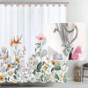White shower curtain featuring a floral pattern with pink and orange flowers and green leaves.