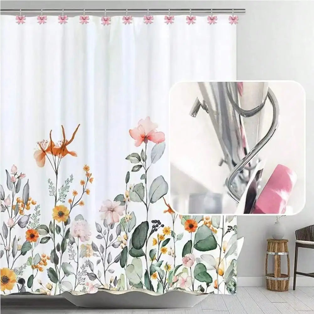 White shower curtain featuring a floral pattern with pink and orange flowers and green leaves.