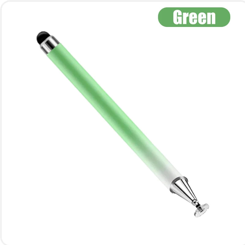 A green stylus pen with a silver tip shown against a white background.