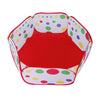 A colorful, polka-dotted foldable kids play tent with a red interior and ball pool pit.