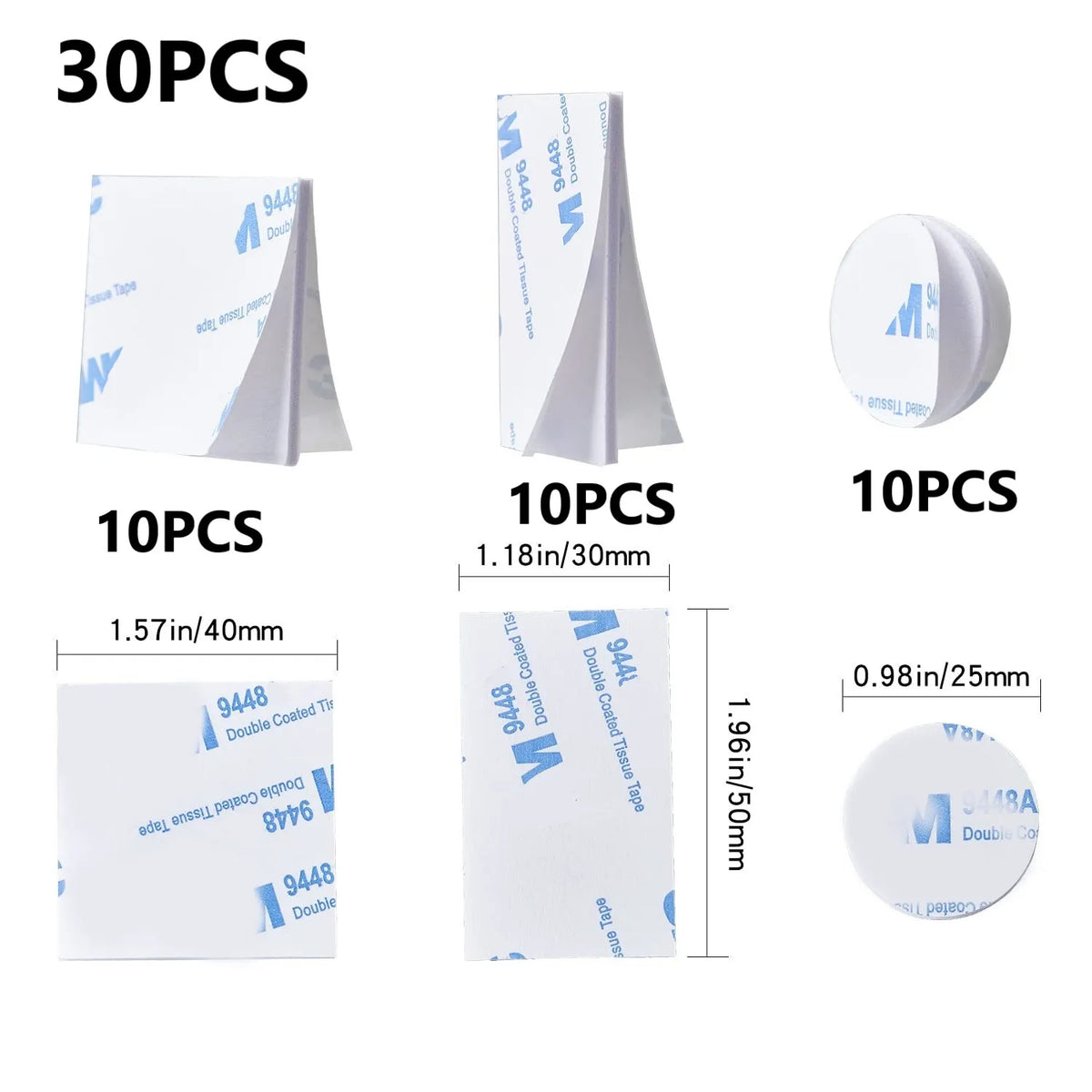 Various quantities of white double-sided mounting foam tape rolls and individual pieces shown.