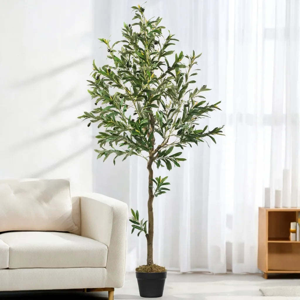 Lifelike Artificial Olive Tree in Black Pot with Natural Wood Trunk