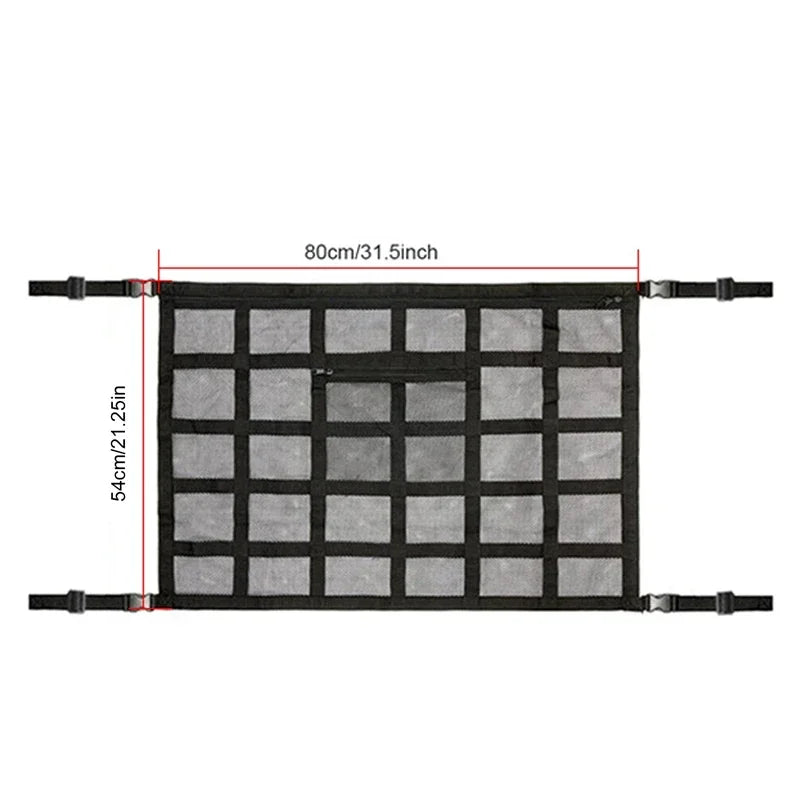 Black ceiling cargo net organizer grid with black straps and gray netting