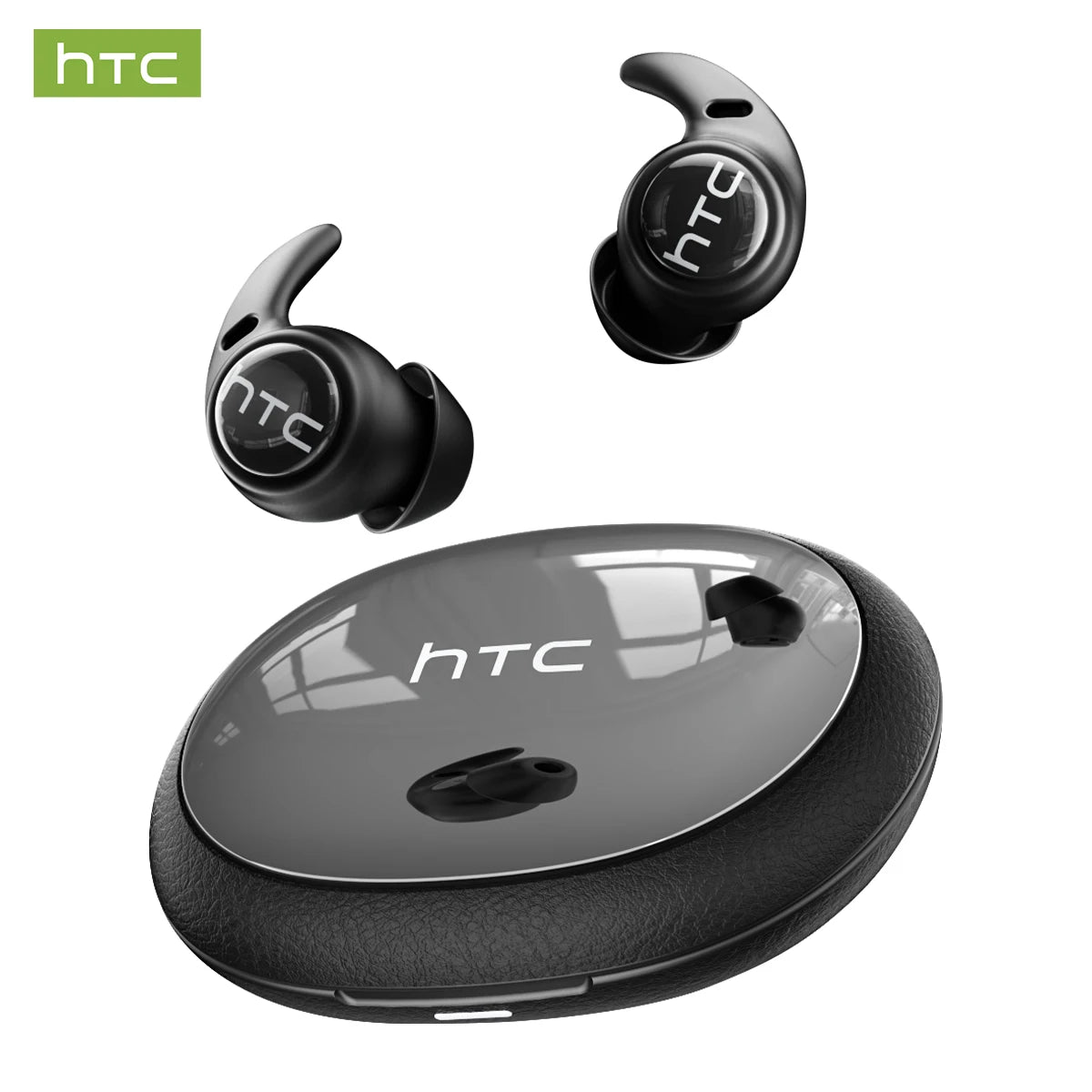 Auriculares HTC negros y estuche de carga, con los auriculares separados.