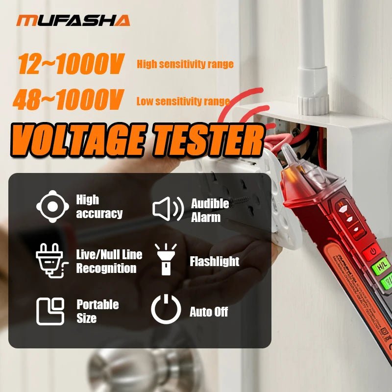 A red voltage tester pen is shown next to a white shelf, highlighting features like high accuracy and audible alarm.