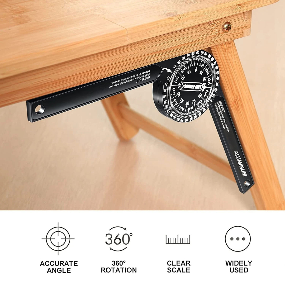 Black aluminum miter saw protractor with laser-engraved scales used for accurate angle measurement