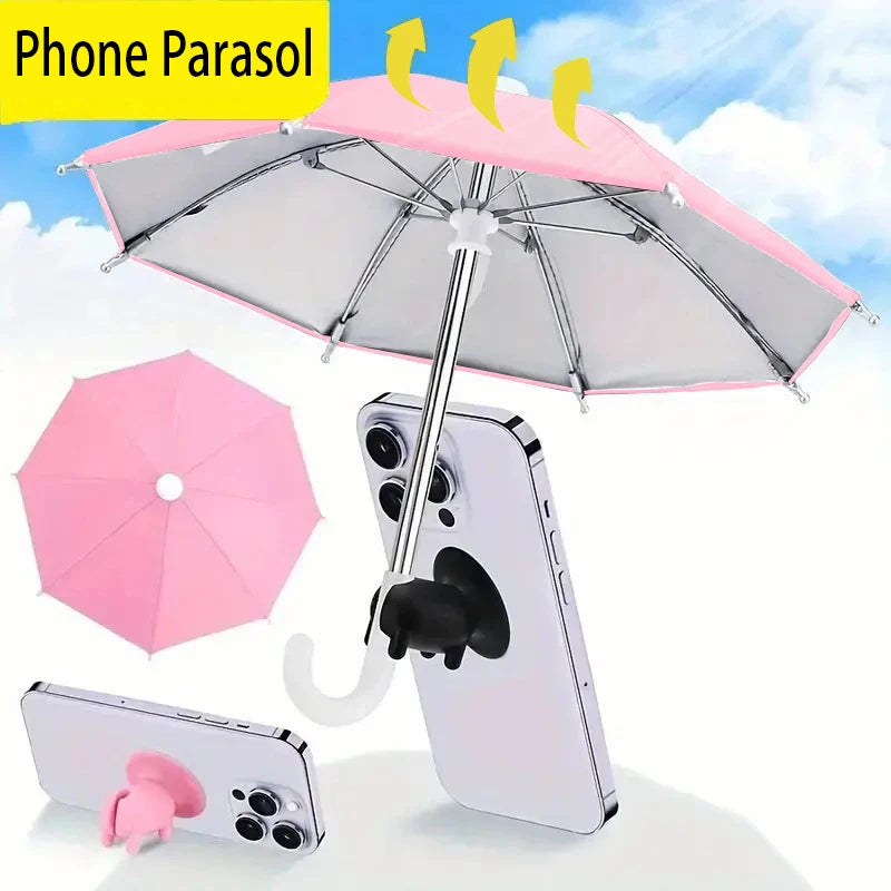 A pink umbrella is shown with a phone mount and a suction cup base, alongside various smartphone models.