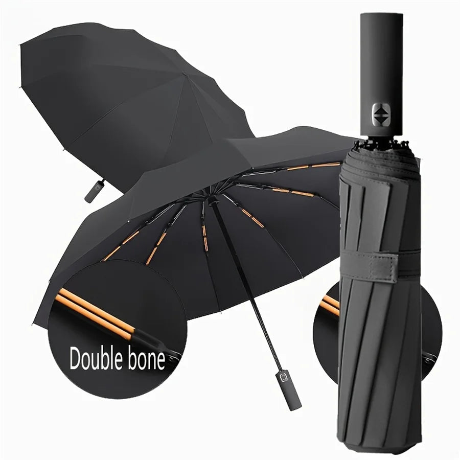 A black heavy duty automatic folding umbrella with a visible double bone mechanism.