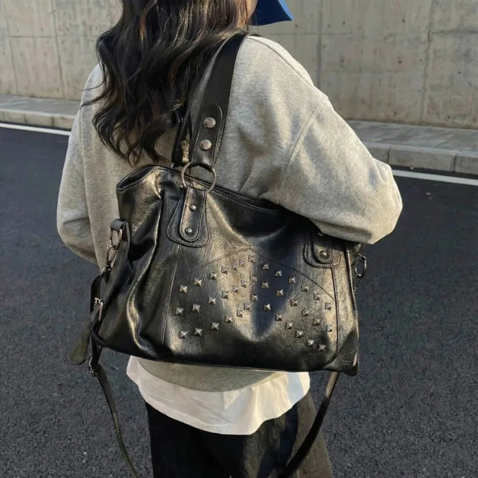 Rivet Punk Large Capacity Tote Bag with Adjustable Crossbody Strap