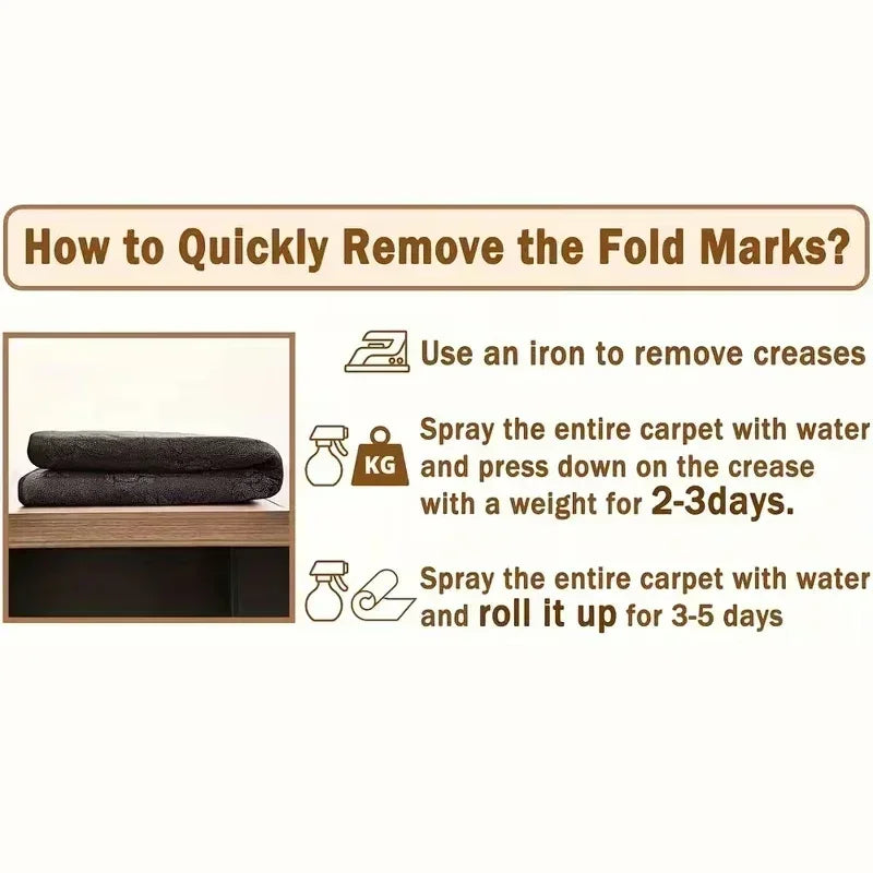 Instructions on how to quickly remove fold marks from a carpet using an iron or by spraying water and rolling it up.