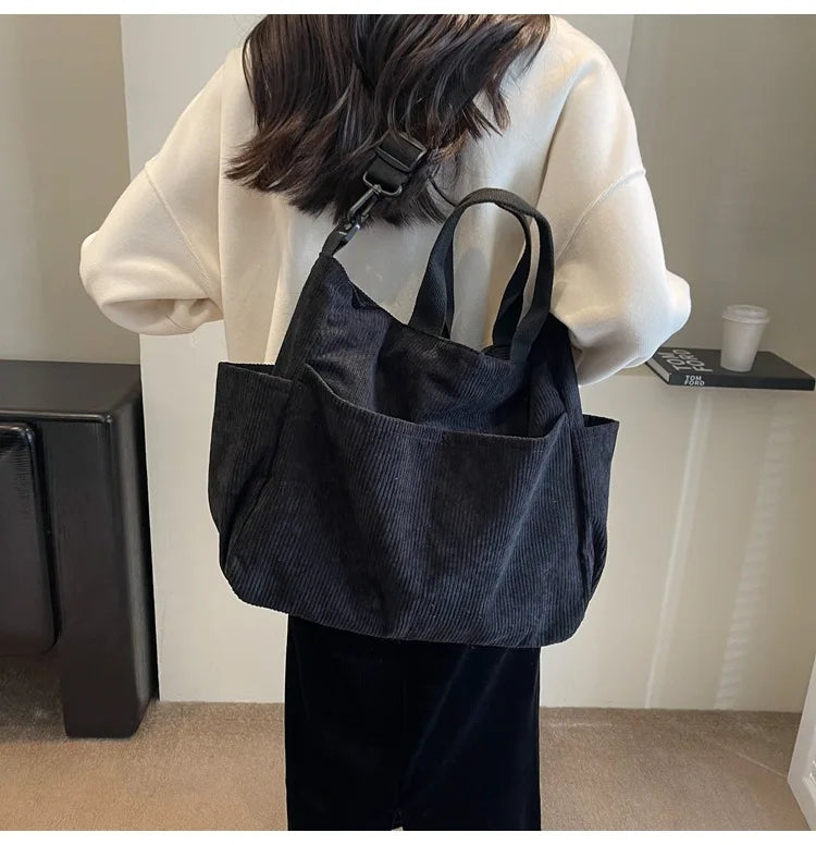 Multi-Pocket Corduroy Tote Bag – Large Capacity Casual Satchel for Travel, Work & Commute