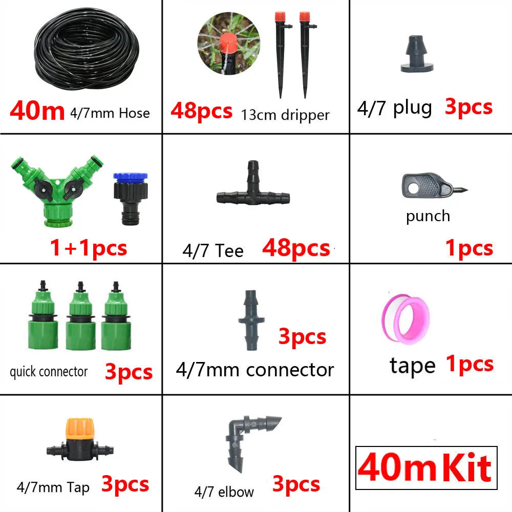 A collection of various drip irrigation components including hoses, plugs, connectors, and drippers.